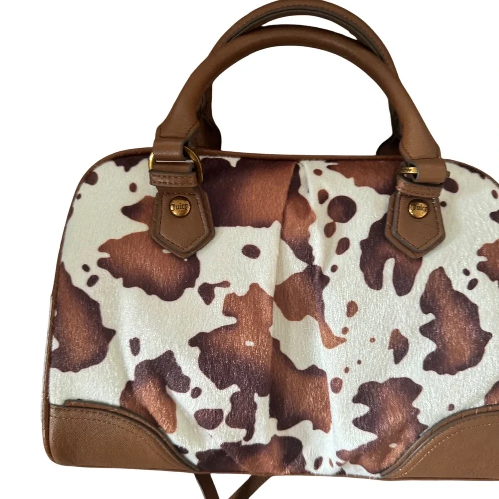 Juicy Brown Cow Western Chic Satchel Bag Crossbody Strap Charm Bag Bow Heart NWT
